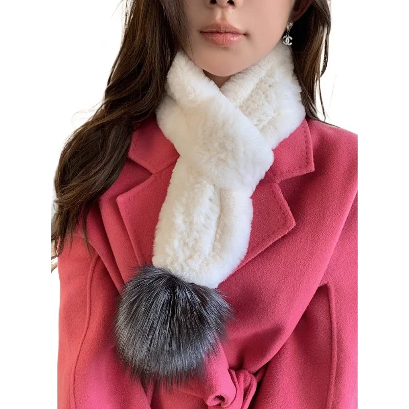 Rex rabbit hair woven short scarf fox hair ball warm fur scarf autumn and winter Korean version solid color soft scarf