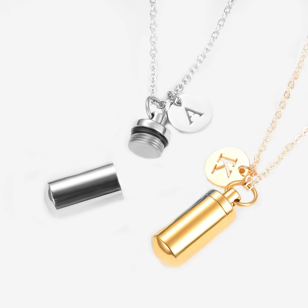 Stainless Steel Cylinder with Letter Charm Cremation Necklace for Ashes Holder Bottle Urn Jewelry Memorial Pendant Keepsake