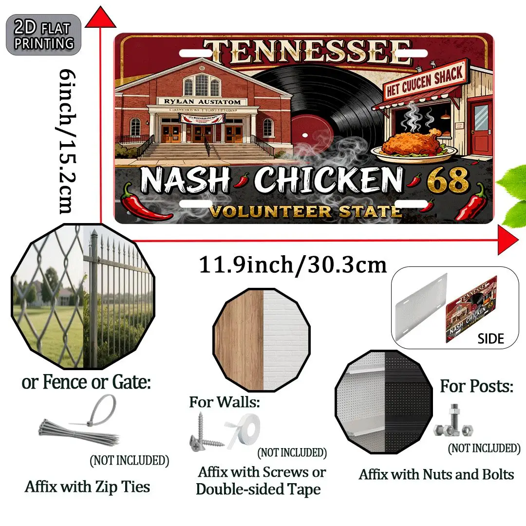 2D Flat - [2D Flat] 1pc Vintage Aluminum Sign | 2D Flat, 29.97x14.99 cm, USA Tennessee Nashville Chicken Style, Retro Metal Deco