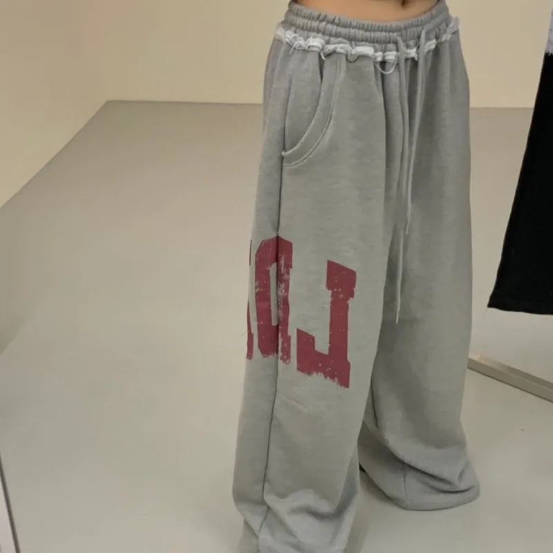 

Retro American Letter Print High Waist Wide Leg Pants Women's Fashion Street Style Trousers with Frayed Hem Versatile Long Pants