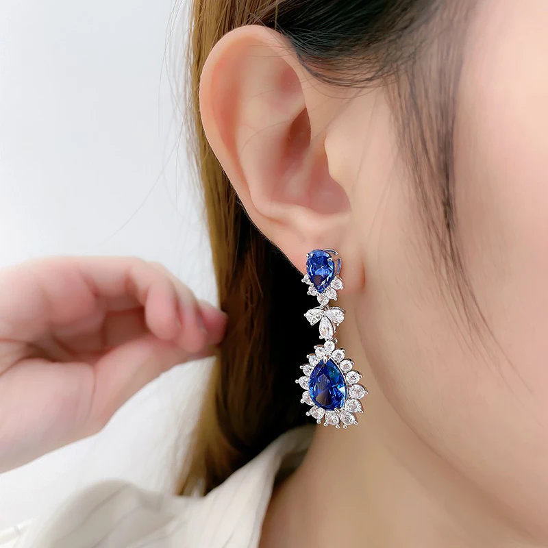 Huitan Pear Blue Cubic Zirconia Hanging Earrings Silver Color Luxury Earrings for Women Wedding Party Aesthetic Ear Jewelry New