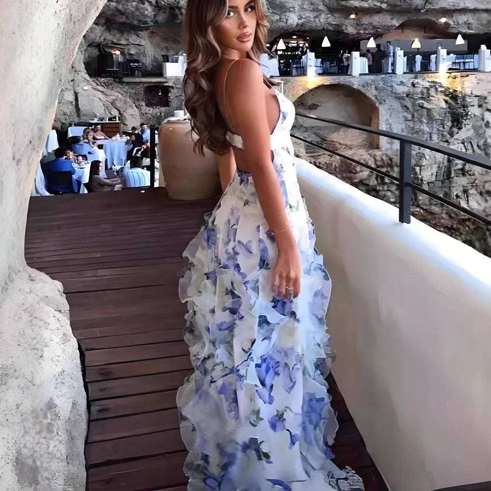 Abito maxi aderente in chiffon con fiori senza schienale con scollo a V sexy delle nuove donne estive Abito maxi con volant da spiaggia con taglio celebrità diviso