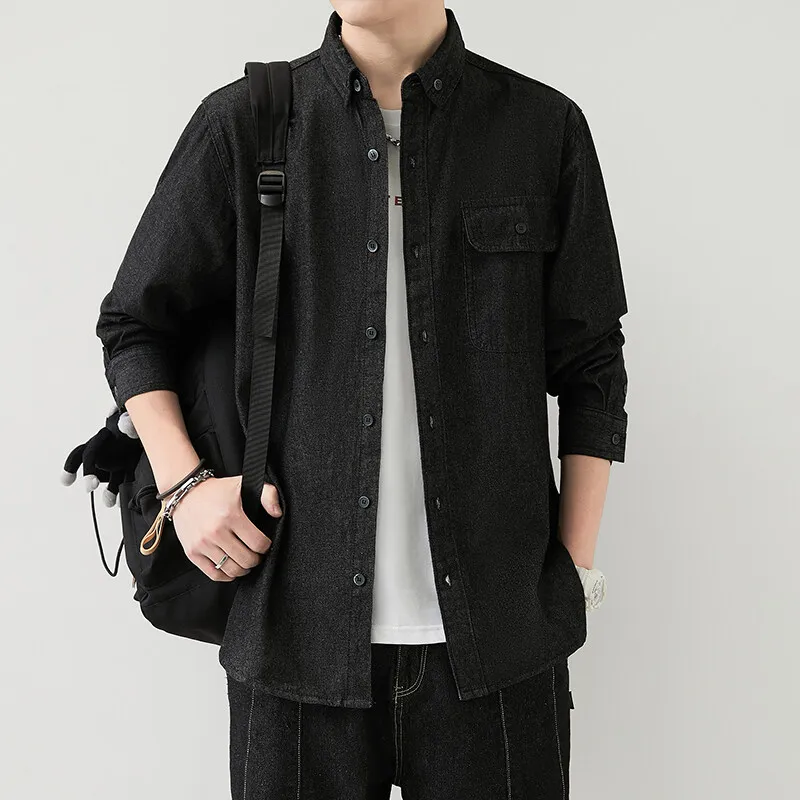 

Мужская винтажная джинсовая рубашка с длинным рукавом, приталенная хлопковая повседневная уличная одежда, топ, осень-весна, отложной воротник