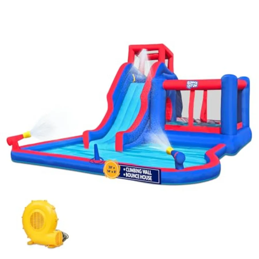 

Надувной аквапарк 2-в-1 Bounce Blast: сверхпрочная уличная водная игровая площадка с батутом, скалодромом и водными аттракционами