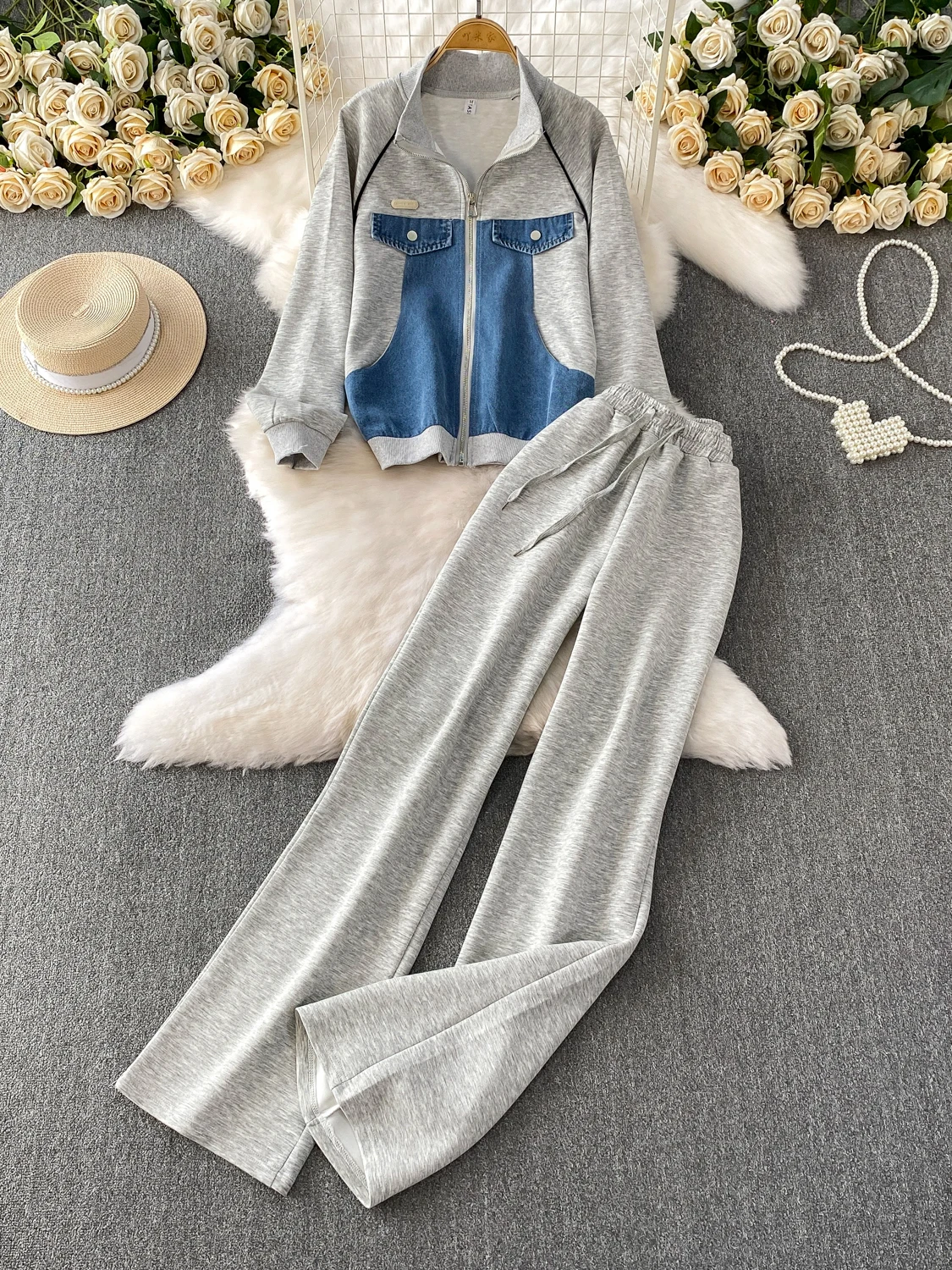 

Faionable Ladies' Denim Patchwork Long Sve Stand Collar Casual High Waist Slim Straight Wide Leg Pants Two Piece Set