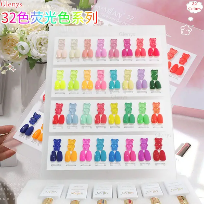 Glenys 32 Color Nail Polish Glue Popular Fluorescent Color Immersion Gel Color Matching Card Nail Salon Essential Art Varnish