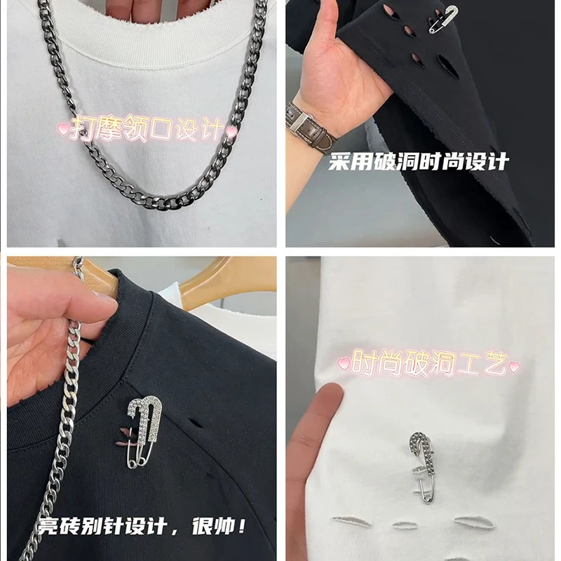 Summer Ripped Hole Short Sleeve Men Round Neck T Shirt Rhinestones Pin Decorate Personality Fashion All-match 2xl Oversized Tops