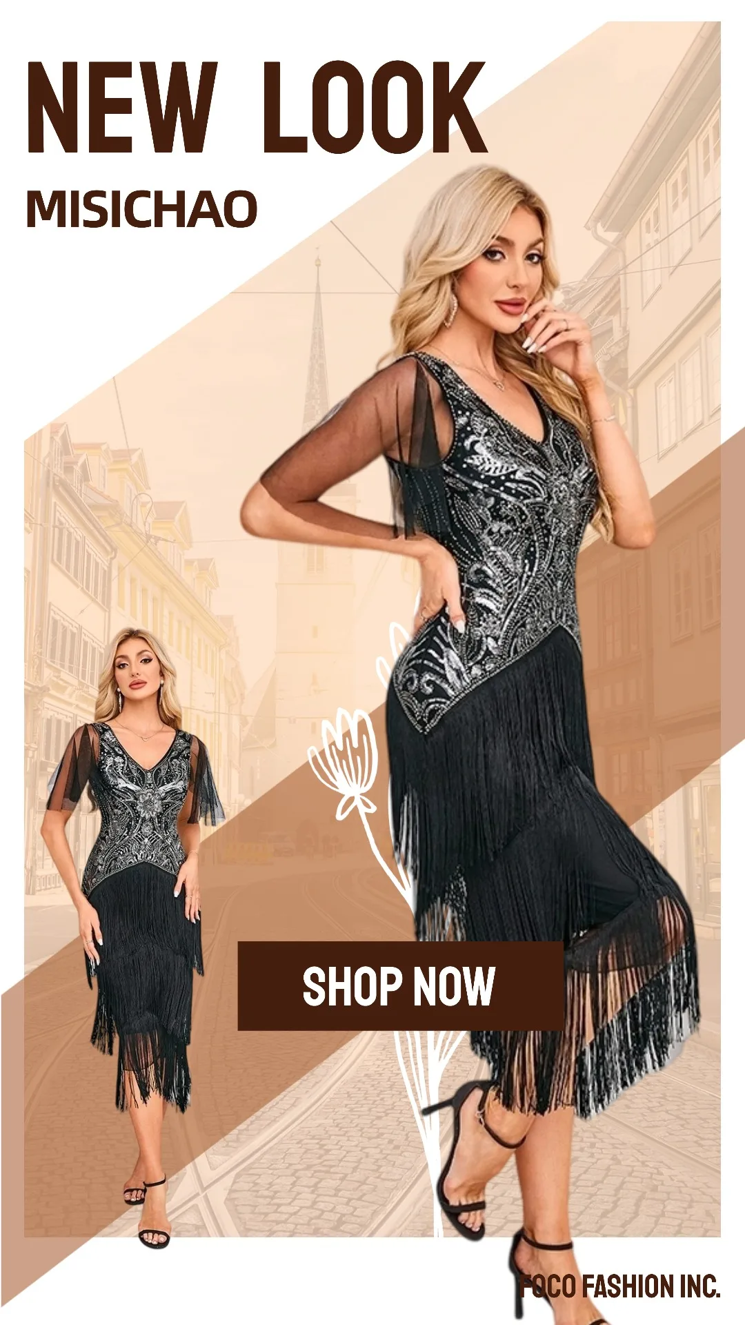 MISICHAO Vestido feminino flapper com decote em V, malha de lantejoulas e contas, manga curta, borla, franja, bainha, midi, vestido de coquetel de noite