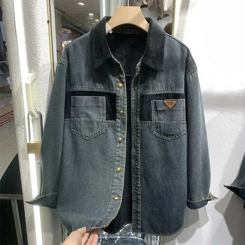 

2024 Winter New Slim Plus Velvet Denim Shirt Jacket Women Loose Warm Mid Long Single-Breasted Stitching Cowboy Shirt Coat Femal