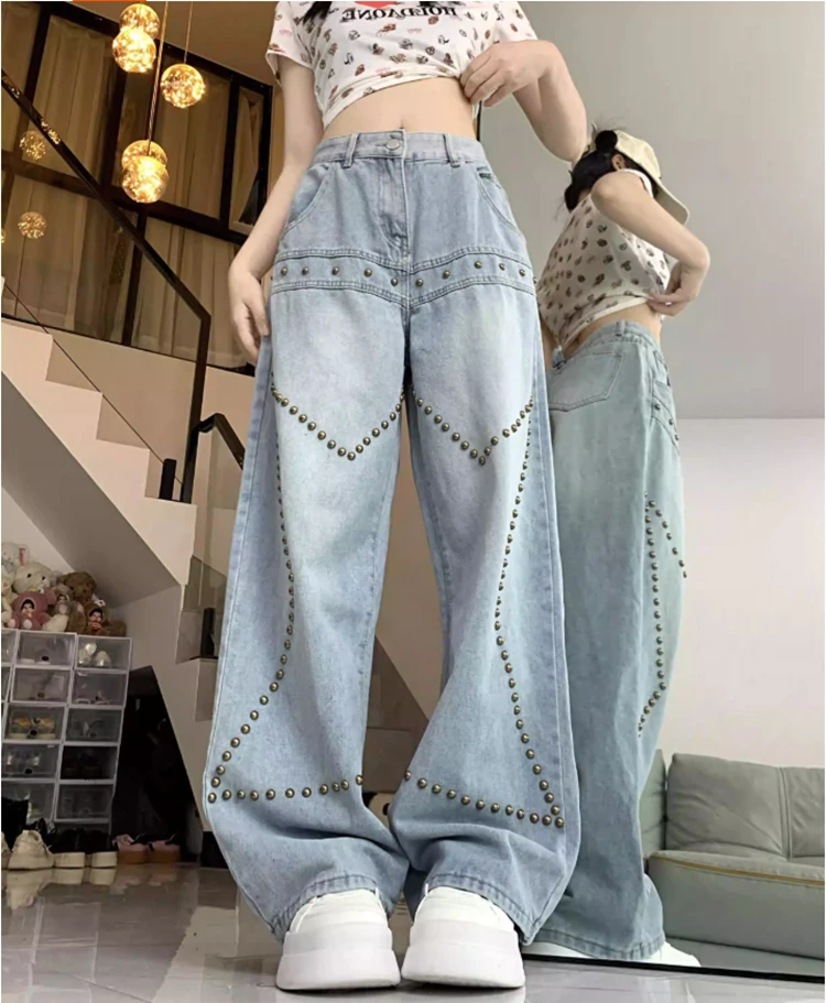

new spring autumn brand female women girls rivet high street wide leg jeans