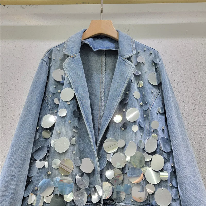 Heavy Embroidery Sequins Denim Coat for Women 2024 Spring and Autumn New Korean Style Loose Top Suit Collar Jacket Female