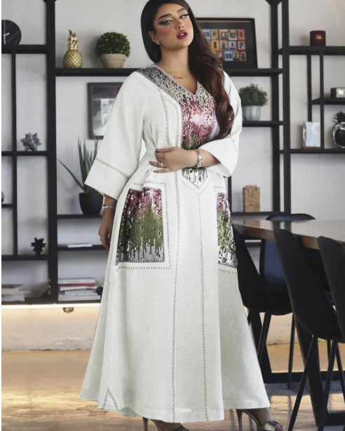 White Sequins Embroidery Abaya Dress For Women Moroccan Dubai Turkey Arabic Jalabiya Muslim Party Evening Clothes Eid