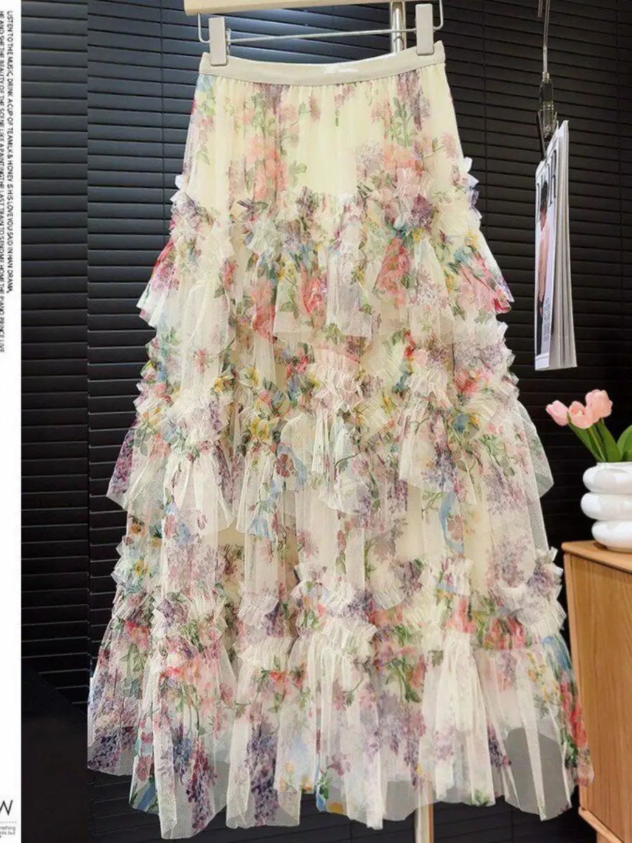 Heavy Work Patchwork Print Tulle Cake Skirt Half Skirt Women's New Flower Long Puffy Skirt Summer 2025 Fashion Ladies' Skirts