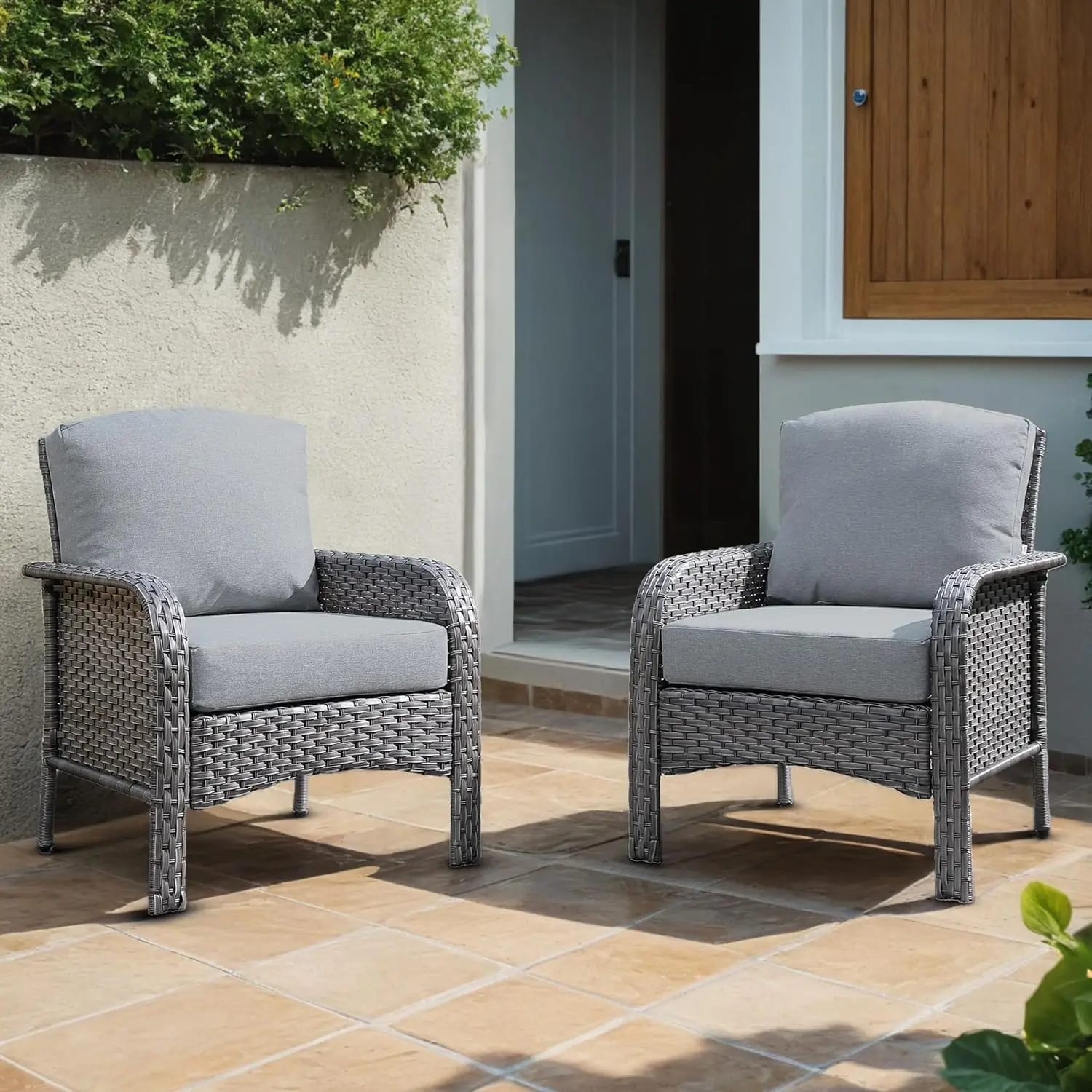 

2 Pieces Wicker Patio Chairs Outdoor Rattan Chairs Set of 2,All-Weather PE Wicker Dining Chair Set with High Back Deep Seating