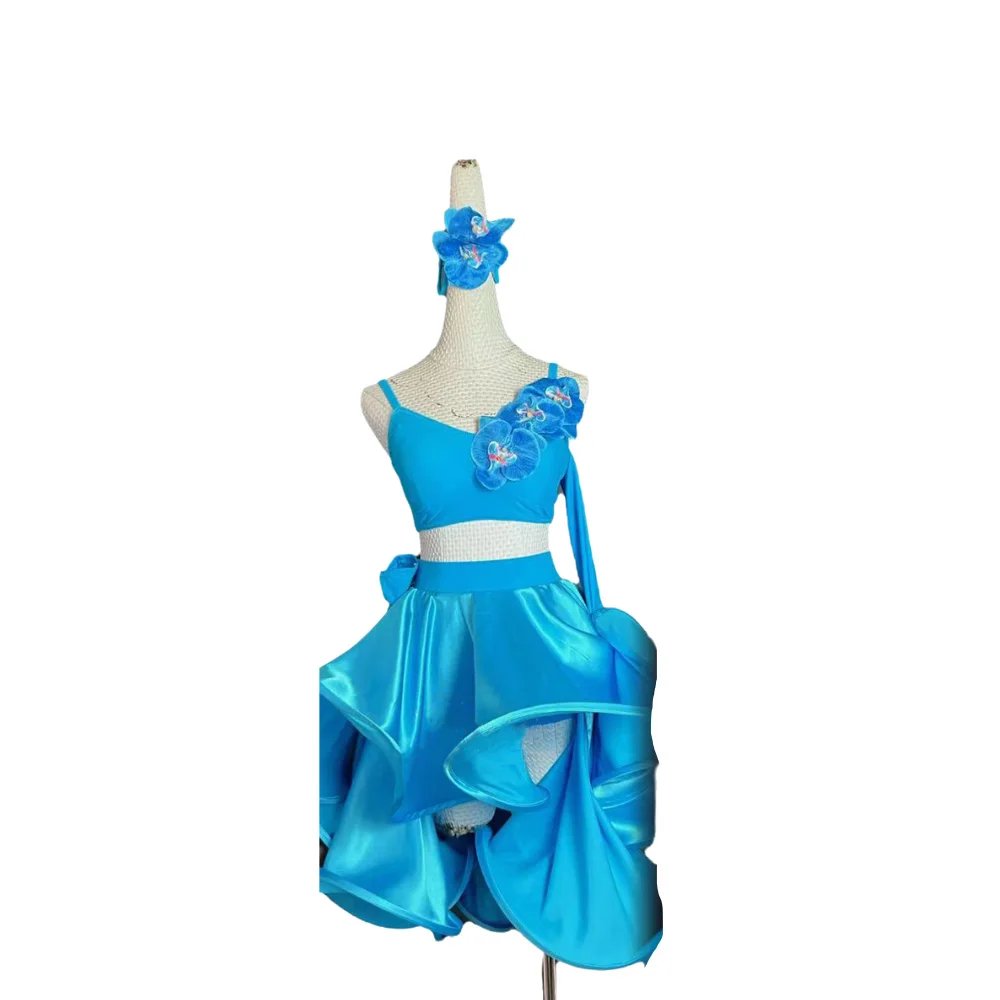 Bailarines latinos, adultos, niños, falda multicapa dividida con flores tridimensionales personalizada de alta gama, vestido de piedra AB de Tango Samba
