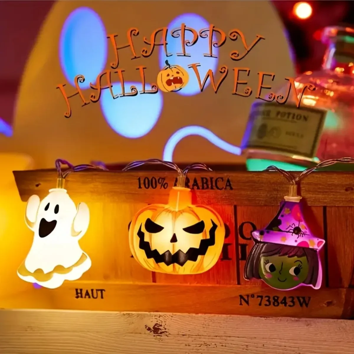 1PC Halloween 20 LED Battery Powered String Lights With Ghost Witch Cat Pumpkin Spider Web Skeleton Mummy Pirate Shape Indoor