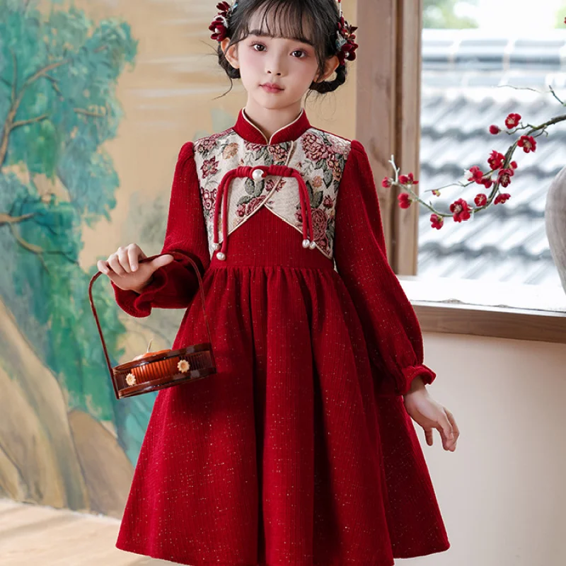 Girls' Cheongsam New Long Sleeve Fleece Lined Dress Children's New Chinese Style National Style Tang Suit Girl's Red Dress