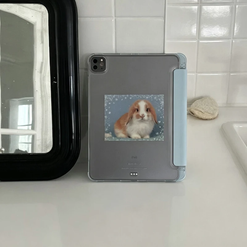 Korean Ins Lovely Snowflake Rabbit Cartoon Blue For iPad Case IPad 10 9 8 7 Air 5 4 3 2 2026 Pro 11 Mini 6 7 Y2K Tri Fold Cover