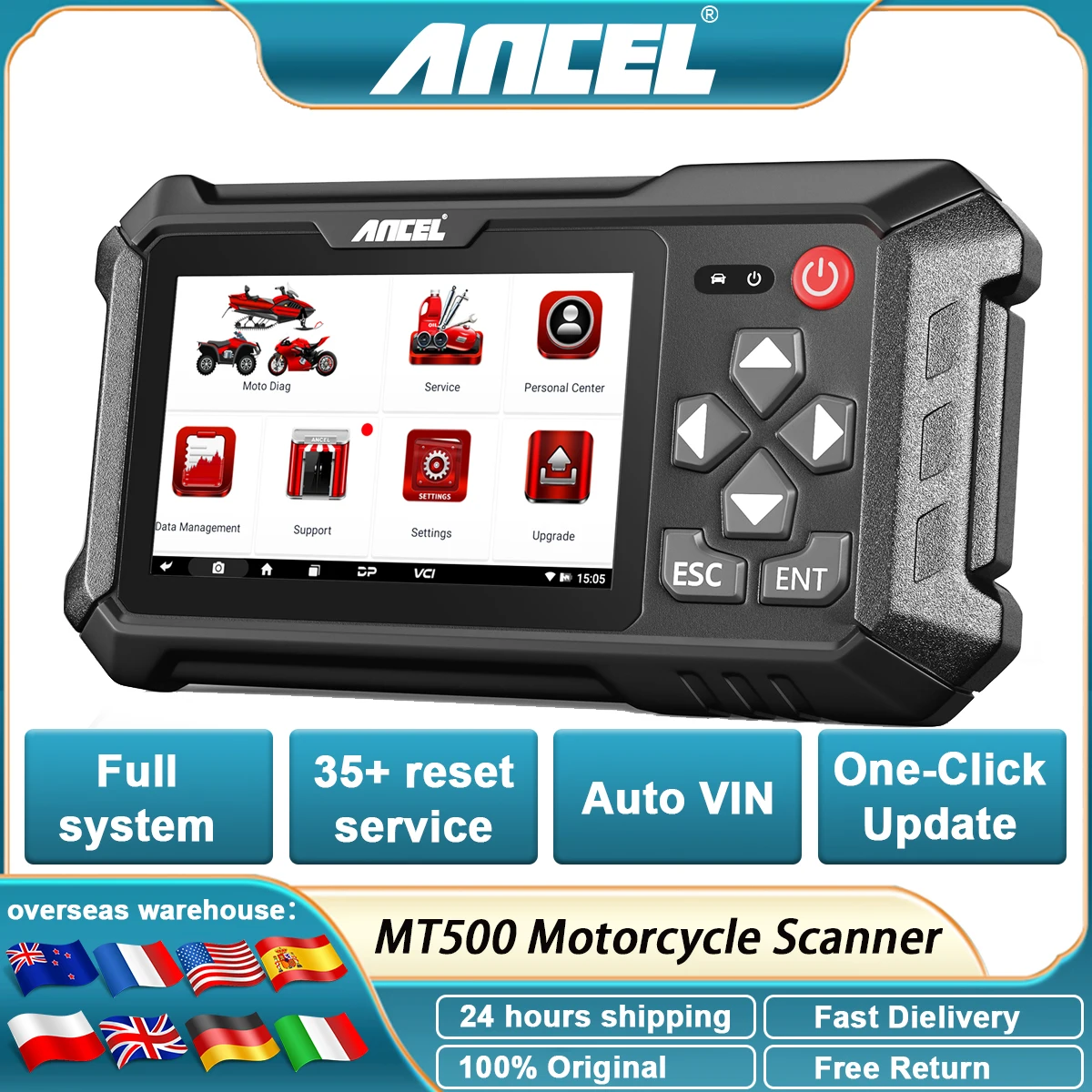 

Диагентический инструмент для мотоцикла Ancel MT500 2025 для Yamaha/Honda/Suzuki/Kawasaki, полная система 35 + сброс, сервисный сканер для мотоцикла