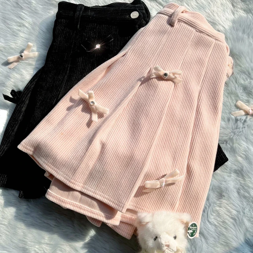 

UniKat Ele Folded Skirt Handmade Rhinestone Knot Detachable Quali Corduroy High Waist A-Line Cotton Skirt