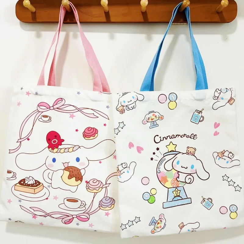 Bolsa de lona Sanrio Cinnamoroll para crianças, Anime Kawaii, doce bolsa fofa, sacola de um ombro, desenhos animados do coração, brinquedos da moda para meninas