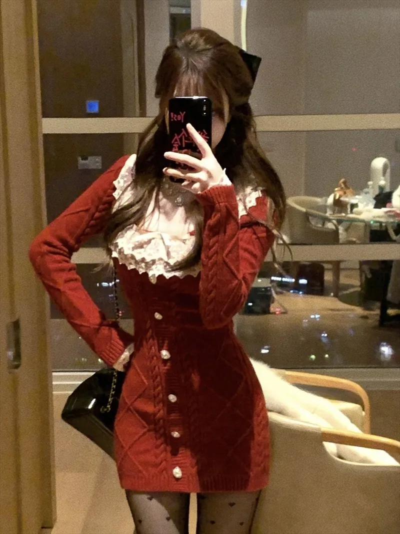 Sweet Spicy Girl Lace Splice Square Neck Knit Dress Women Fashion Gentle Elastic Slim Solid New Year Sweater Wrap Hip Chic Wear