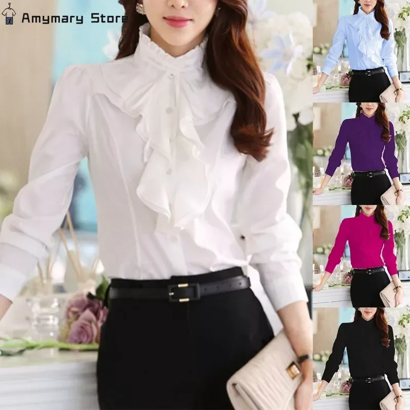 

New Women's White Ruffled Stand Collar Long Sleeve Shirt Office OL Work Shirt Ladies Fashion Slim Commuter Blouse Top L-5XL