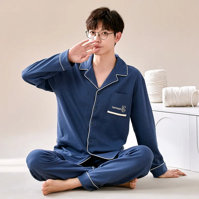 Korean Fashion Cotton Men\'s Long Sleeping Sleepwear Spring Cardigan Nightwear Youth Boy Nightwear Casual Loungewear pyjama homme