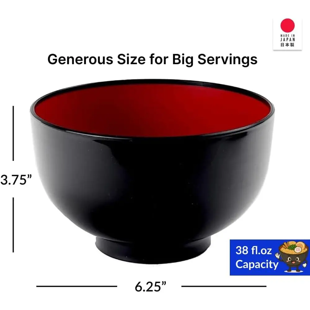 Japanese Lacquer-Style Noodle Soup Bowl, Black & Red, BPA-Free, 38 oz, Microwave & Dishwasher Safe