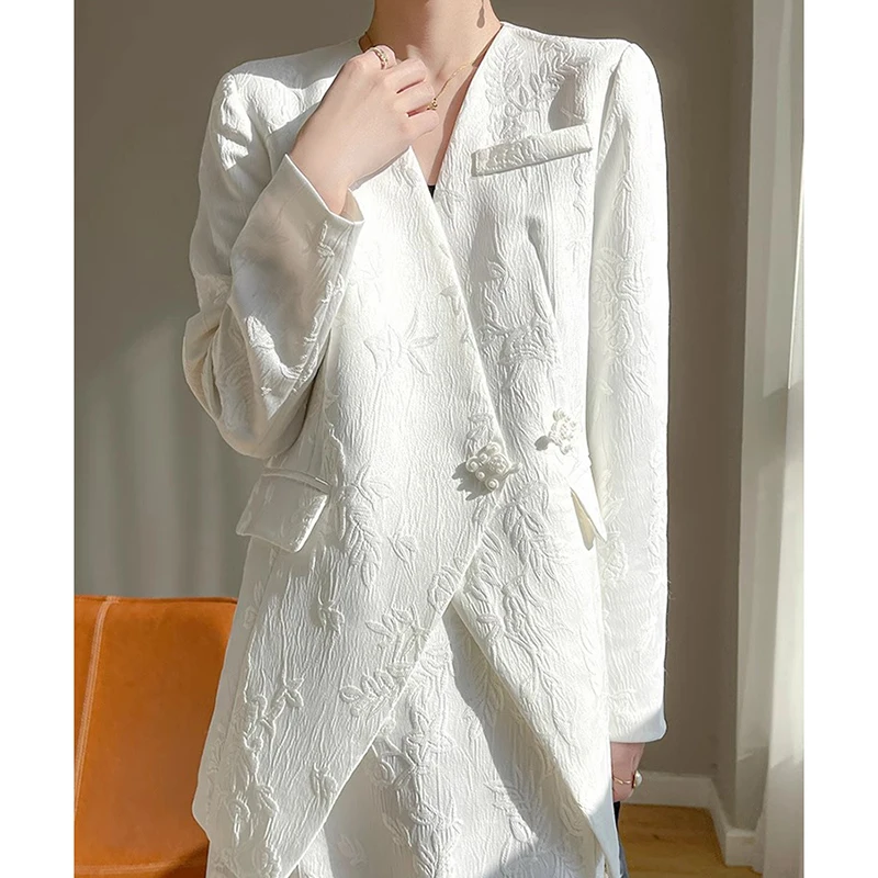 Women's White Jacquard Suit Jacket V-Neck Satin Top Elegant Luxury Vintage Casual Blazer Coat for Spring 2025