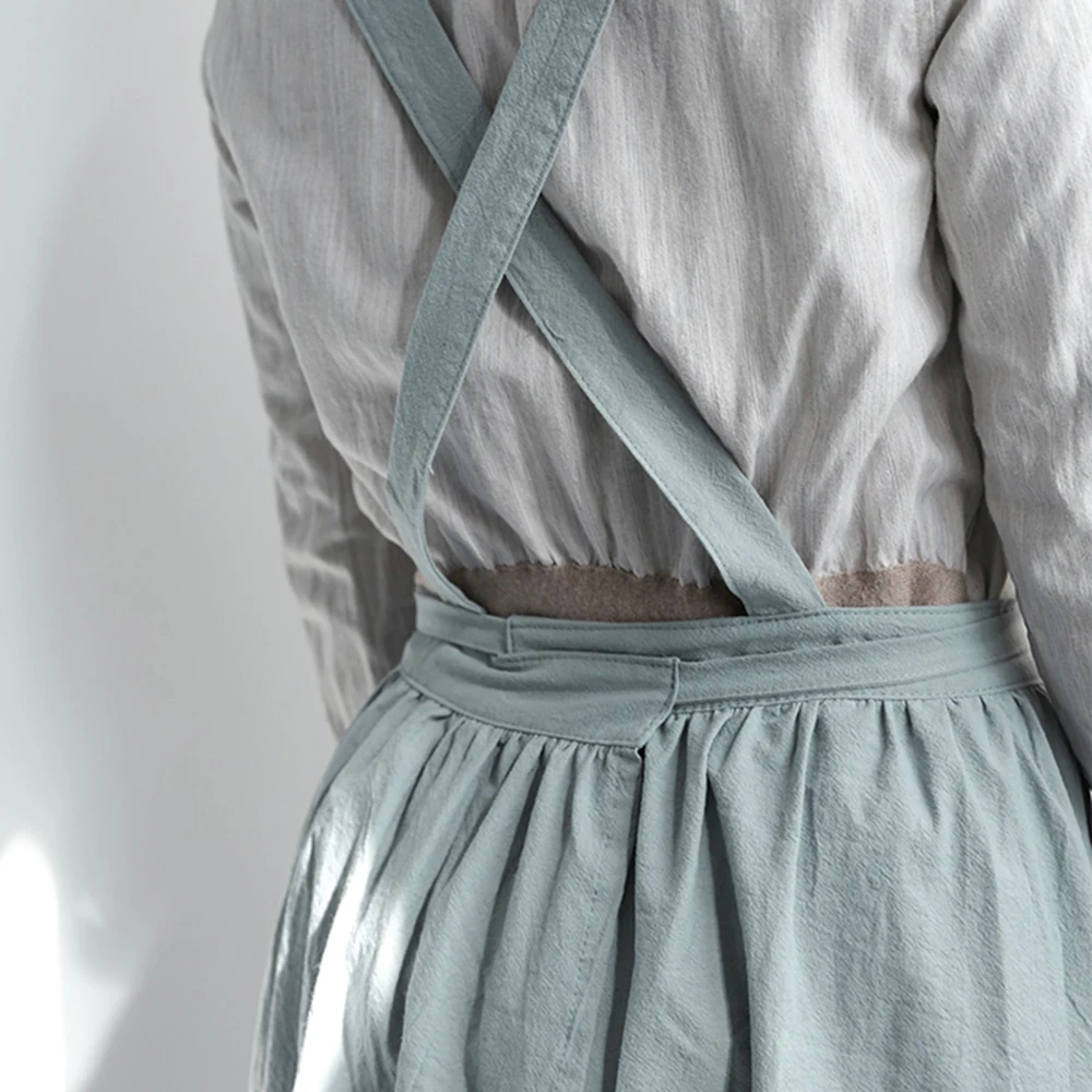 Nordic Pleated Apron Soft Washed Cotton Kitchen Apron INS Solid Fabric Househould Bibs Coffee Shop Aprons with Pockets