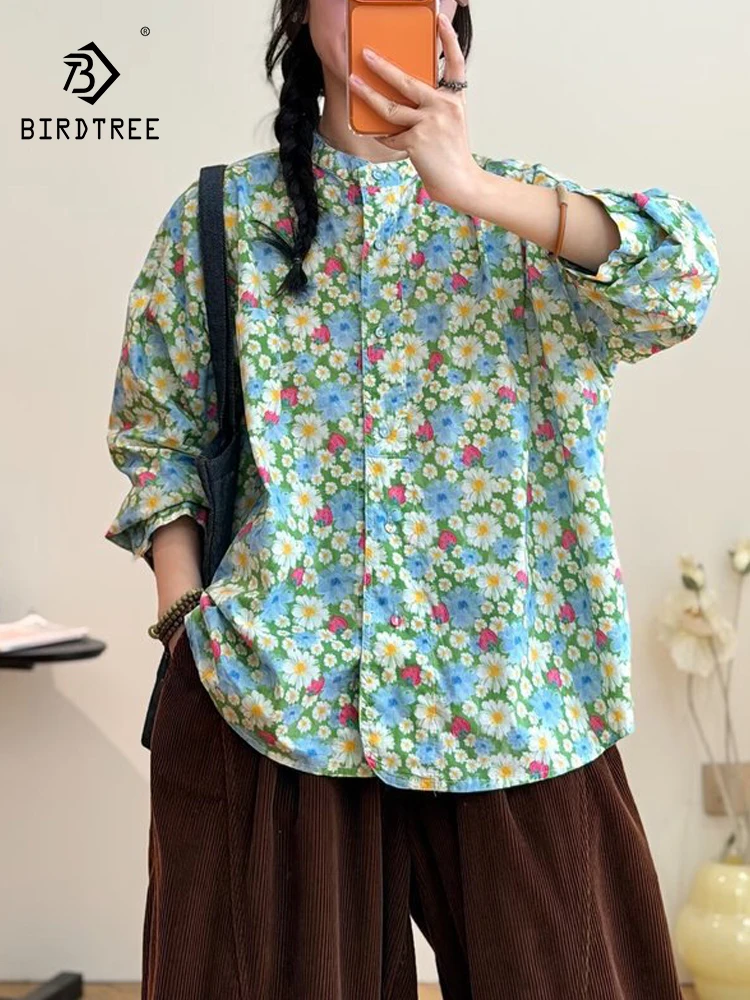 

New 2026 Spring Women Cotton Long Sleeve Shirt, Stand Floral Print, Mori Girl Fashion Preppy Style Commute Loose Blouse T63783CC