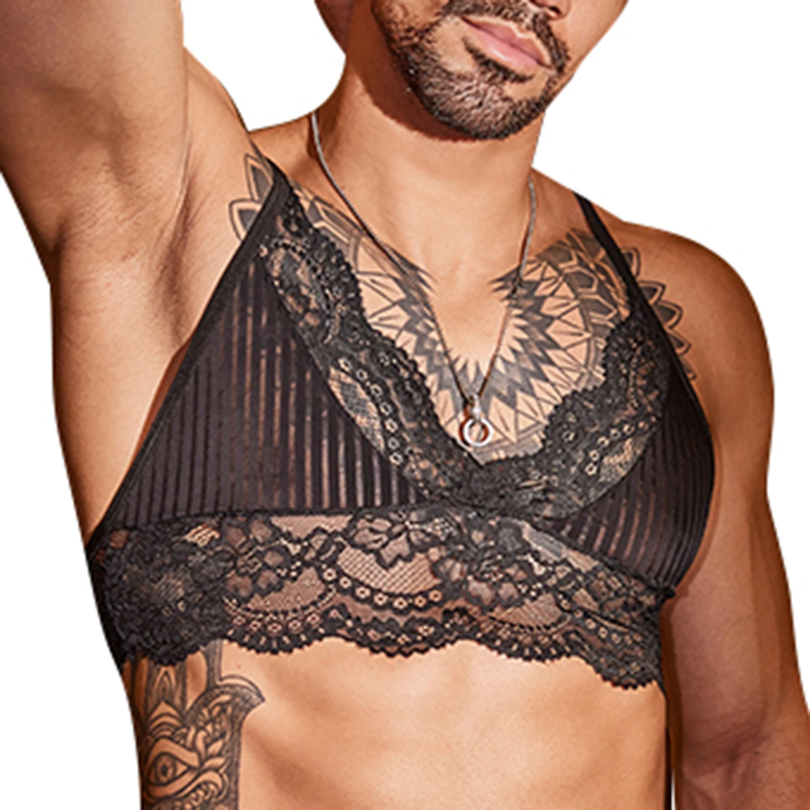 رجل سيسي الدانتيل الملابس الداخلية حمّالة الصّدر كروسدريس الإباحية زي العميق الخامس الرقبة الدانتيل حمّالة الصّدر انظر من خلال مخطط شير القمم ملابس للنادي