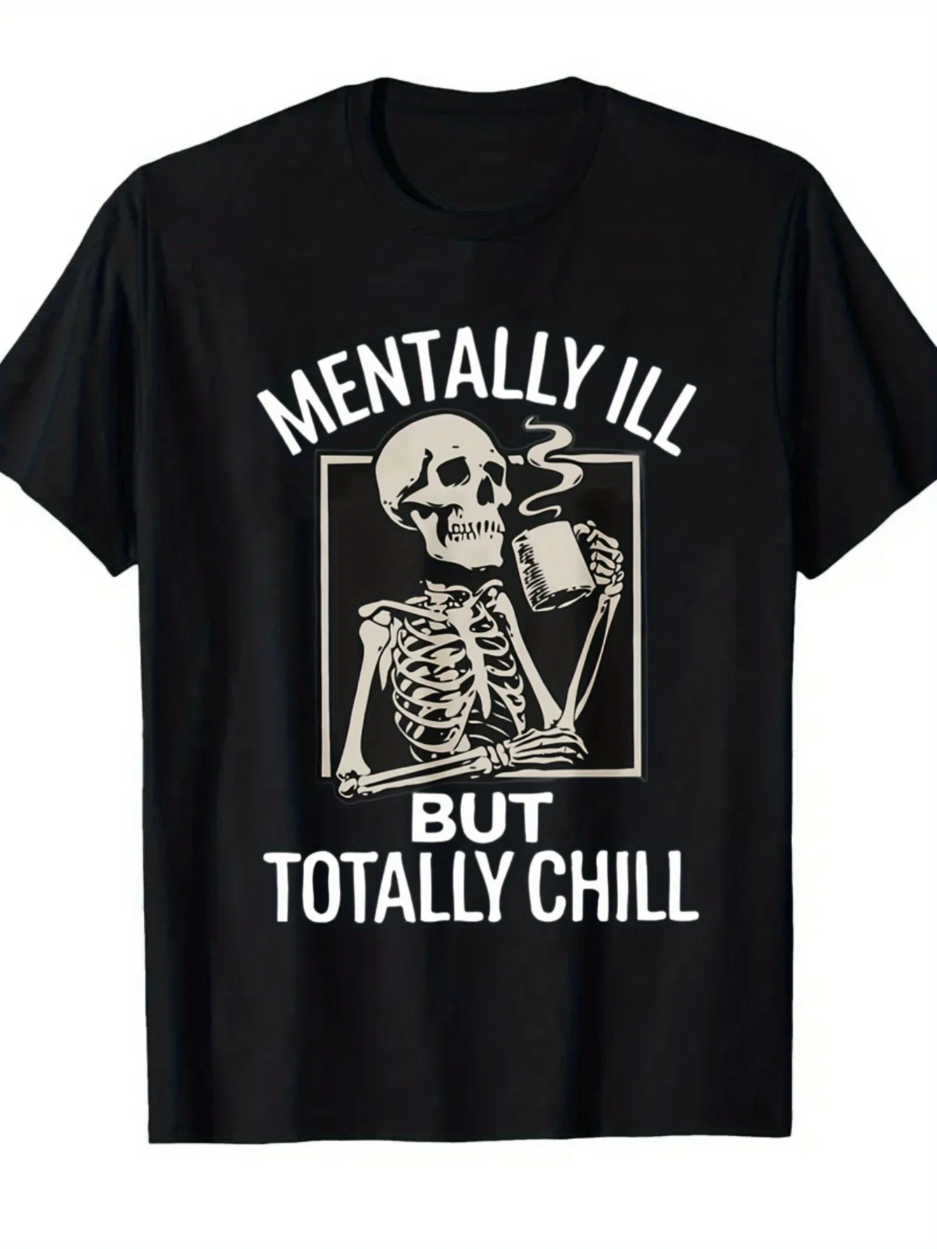 Men's Fun Mental Illness Patients But Super Peaceful Skull and Coffee Cup Pattern T-shirt Streetwear, Suitable for Daily Wear