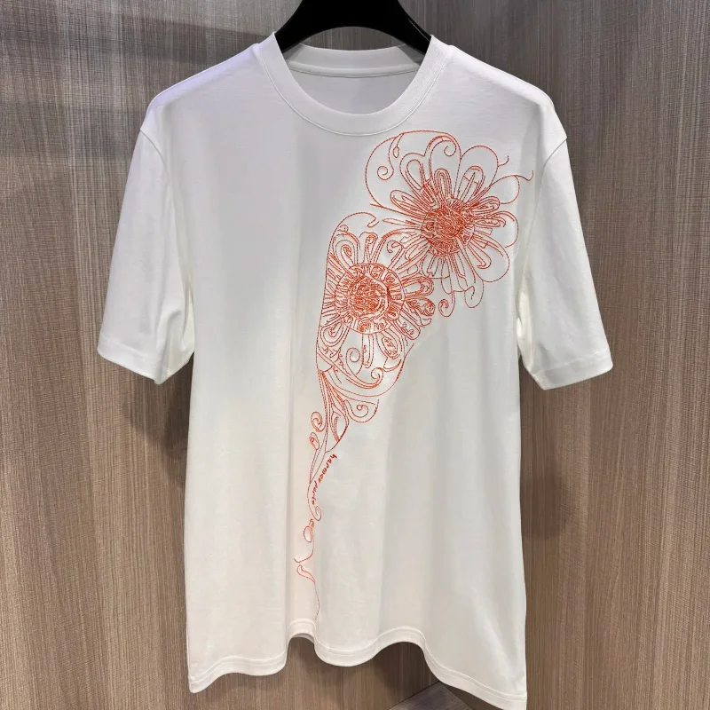 

High Street 2024ss 1:1 Top Quality H Flower Embroidery Tees T-shirt Vintage T Shirts Y2k Streetwear Men's Clothing Woman Clothes