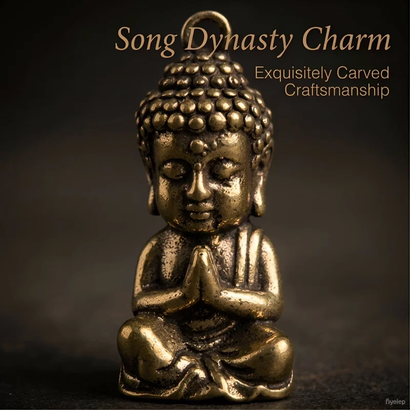 Mini Brass Buddha Keychain Pendant Vintage Solid Copper Lucky Buddha Ornament Chinese Style Handcraft