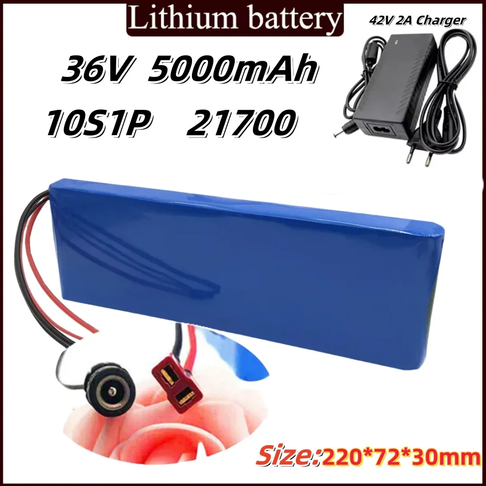 

36V 10S1P 5000mAh 21700 Lithium-Ion Battery Pack with 20A BMS, 500W+ Output, and 42V 2A Charger Included.