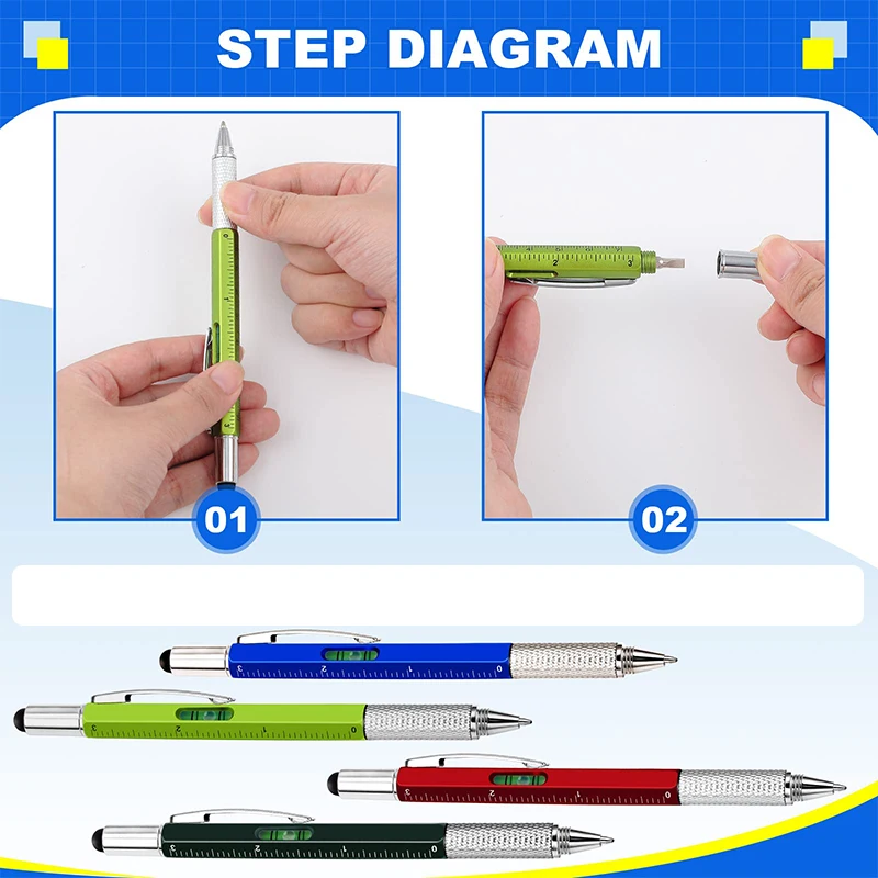 Multifuncional Caneta Esferográfica com Modern Handheld Tool, Régua Técnica, Medir Chave De Fenda, Touch Screen Stylus, Nível de Espírito, 8Pcs