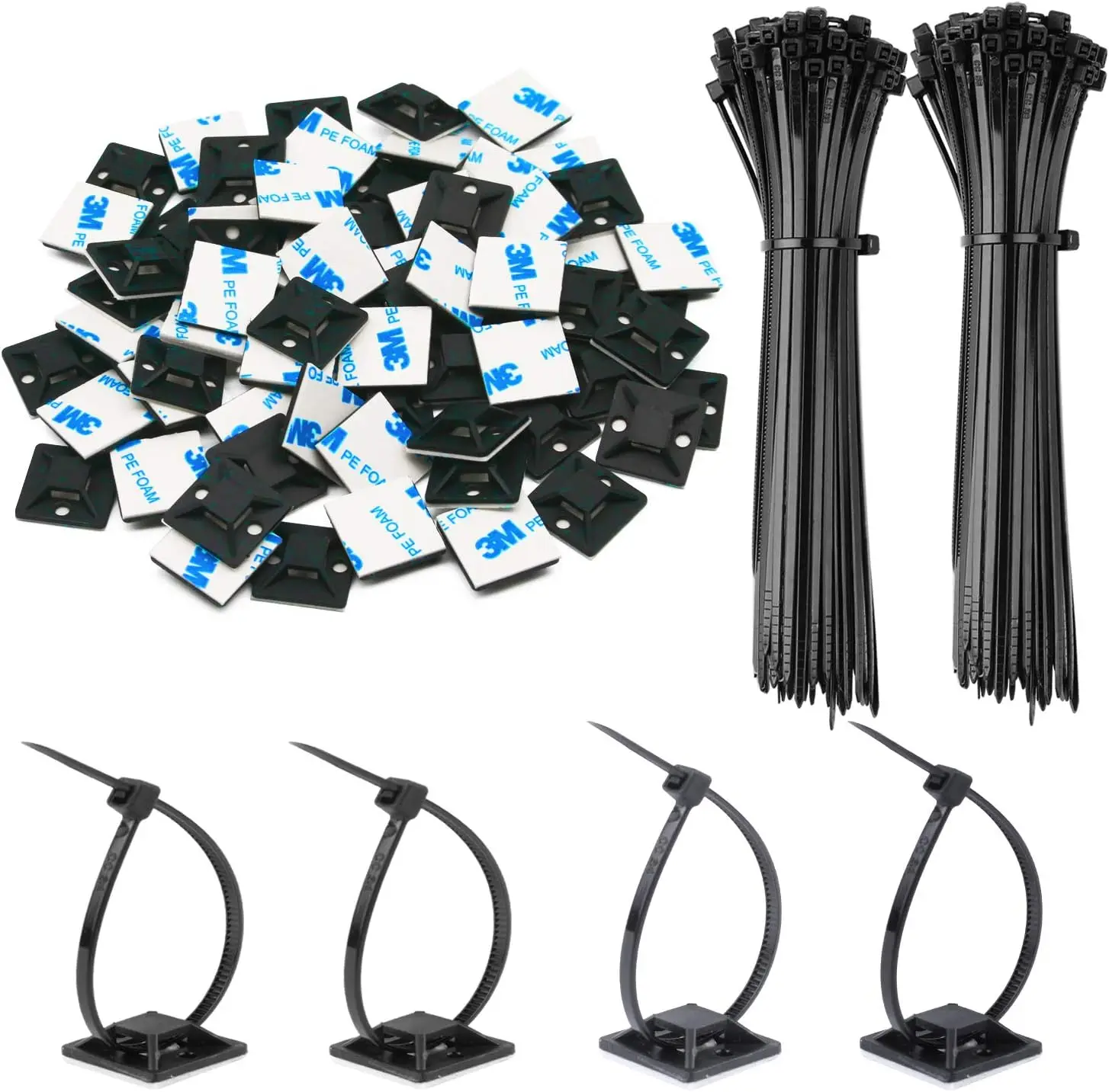 Self-locking plastic nylon tie + Nylon Square Plastic 3M Self Adhesive Wire Zip Fixed Seat Holder Cable Tie Mount Base
