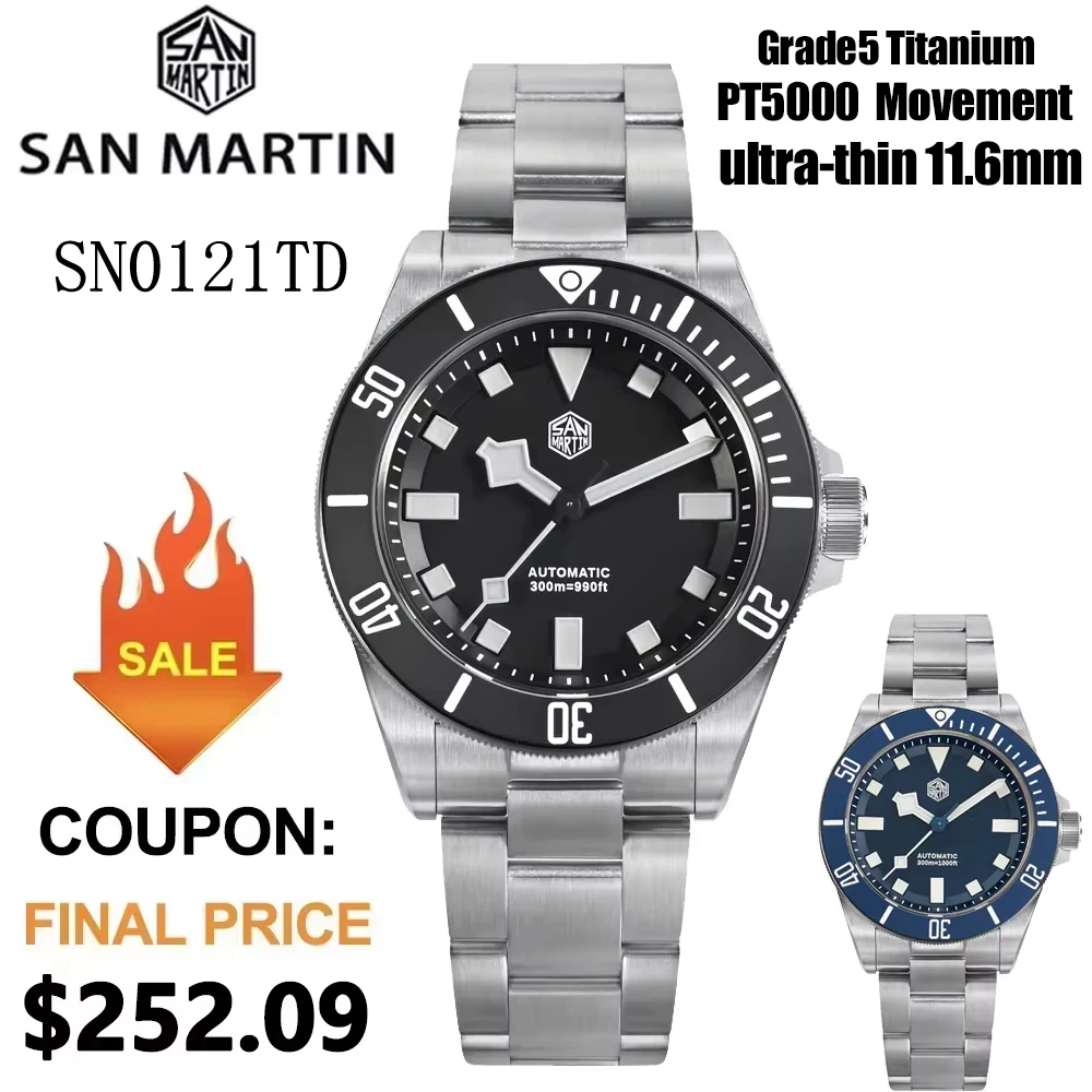 San Martin SN0121TE Titanium Diving Watch ST2130 Automatic Movement Watches Grade5 Titanium 120 Click Waterproof 300m Wristwatch