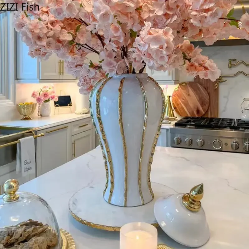 

Gold Vertical Pattern Ceramic Storage Jar with Lid Gold-plated Flower Arrangement Desktop Jewelry Jars Cosmetic Containers