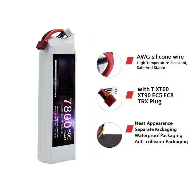 60C 11.1V 7800mAh 3S Lithium Polymer Battery for RC Airplanes Helicopters Car Boat Truck Parts with T XT60 XT90 EC5 EC8 TRX Plug
