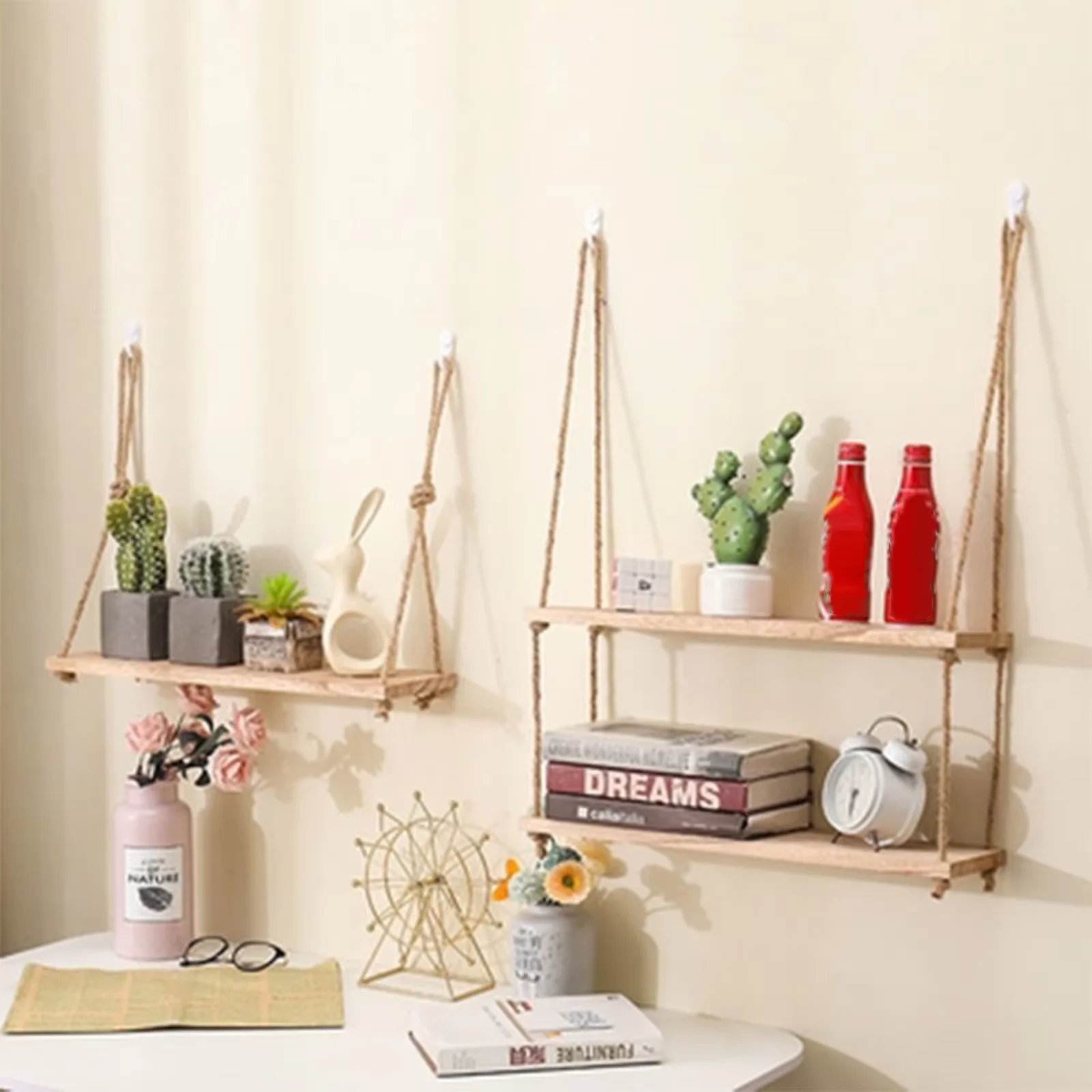 New Wooden Floating Shelves For Wall Plant Flower Wood Swing Hanging Rope Storage Home Living Room Decor Home Bedroom Accessorie