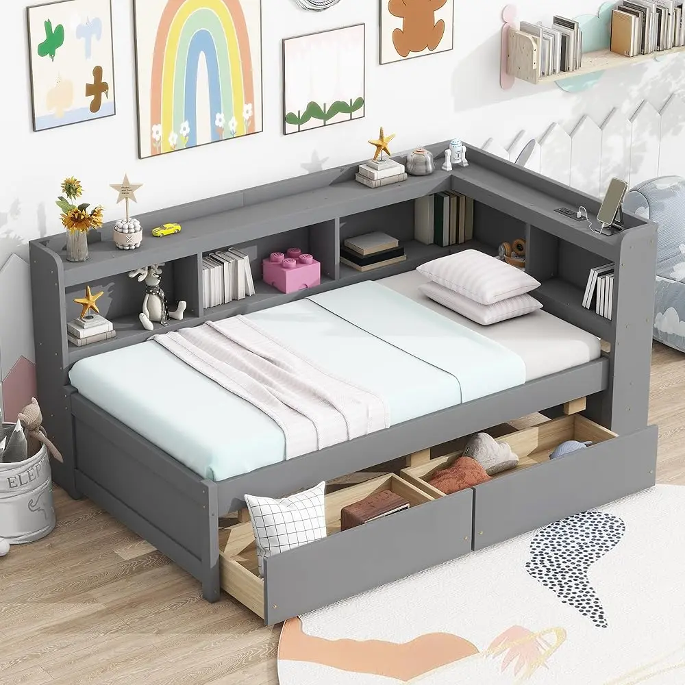 Daybed Sudut Berbentuk L Ukuran Kembar dengan Headboard Rak Buku, Tempat Tidur Captain dengan Laci Penyimpanan Di Bawah dan Port Usb untuk Anak-anak