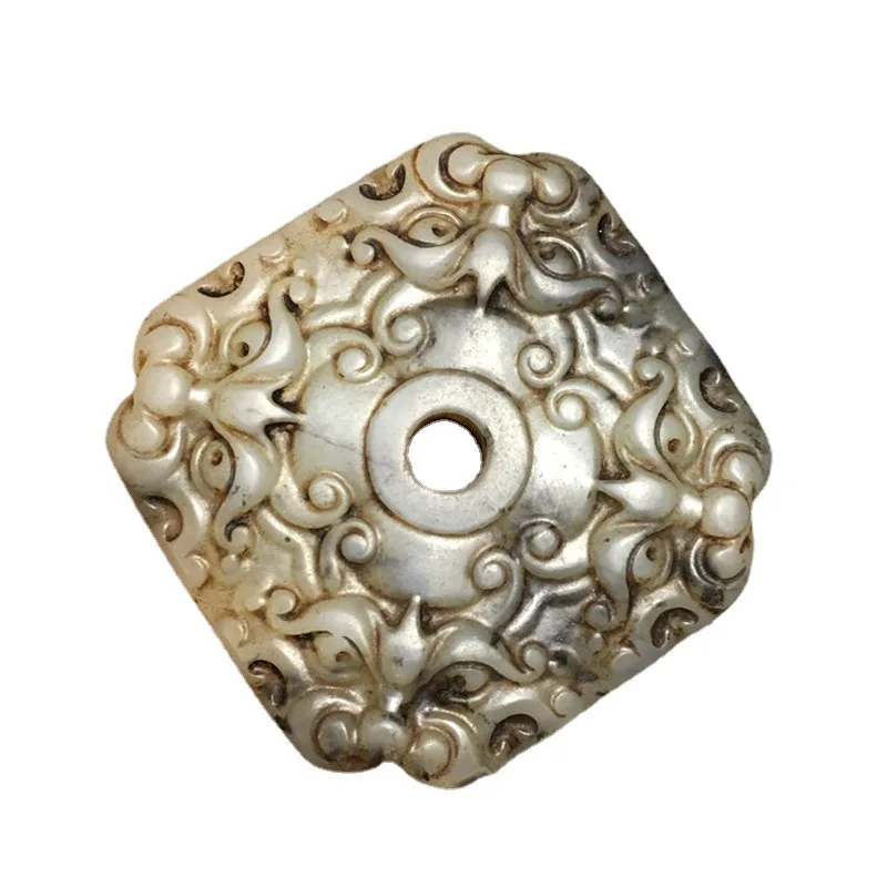 Stone Old Jade Square Guardian Jade Pendant Ancient Jade Xiu Jade Beast Face Pattern Jade Disc Plaything Hanging Ornament Pendan
