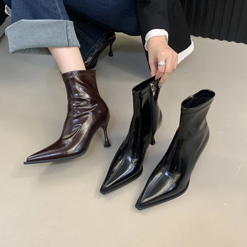 

designer Ankle Boot Woman Shoes patent leather high heels modern Boots sexy Zip Short Boots pointed toe Pump zapatos de mujer