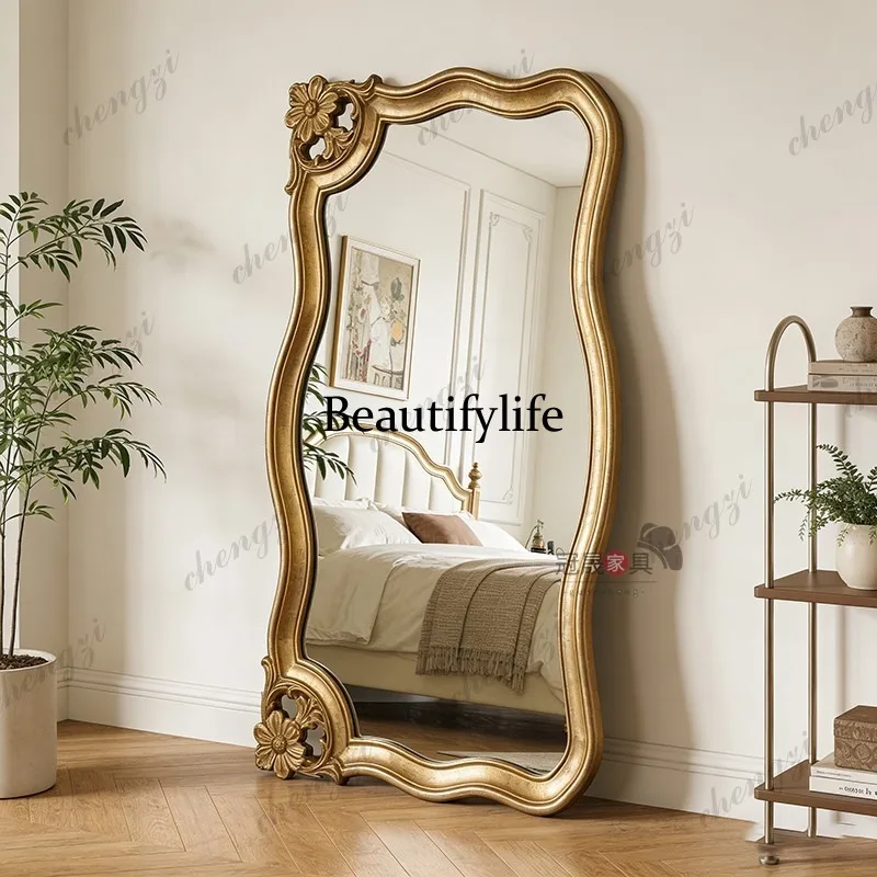 French retro, full body, home floor-to-ceiling carved fitting mirror, wall-mounted European classical full-length mirror
