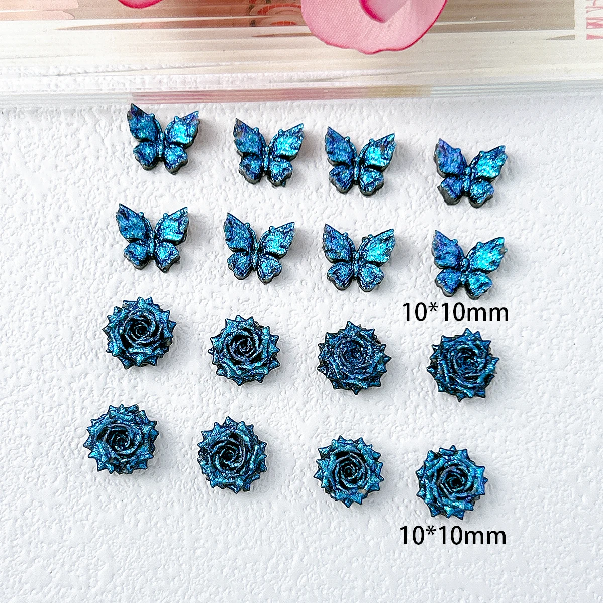 30PCS Luminous Creative Soft Butterfly Rose Resin Nail Charms 3D Deep Blue Fine Sparkling Flower Nail Art Decorations DIY Nails view 2