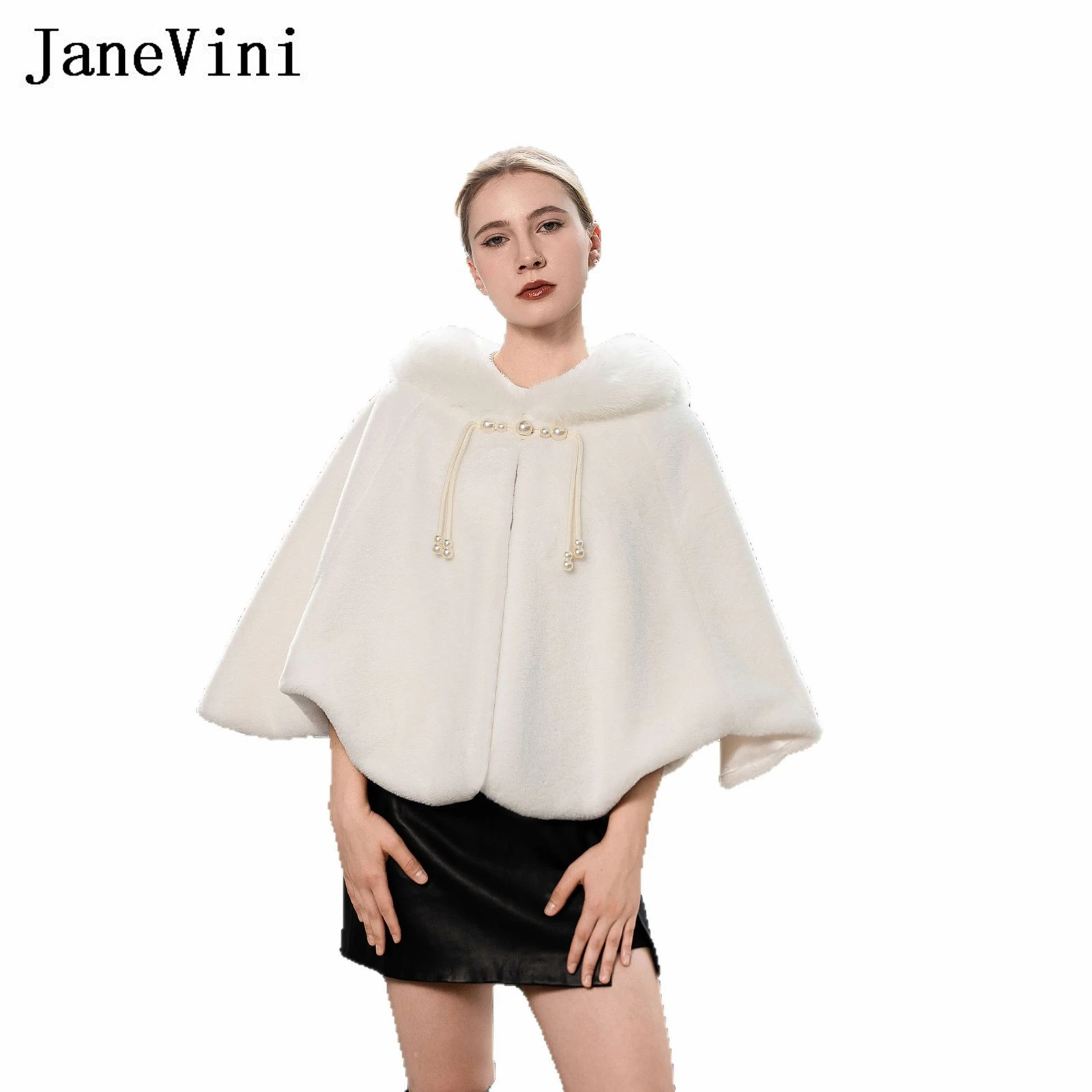 JaneVini 2026 معطف فرو صناعي أسود للخريف والشتاء سترة نسائية شال فرو تقليد الزفاف كيب عباءة التفاف بوليرو الزفاف تتغاضى