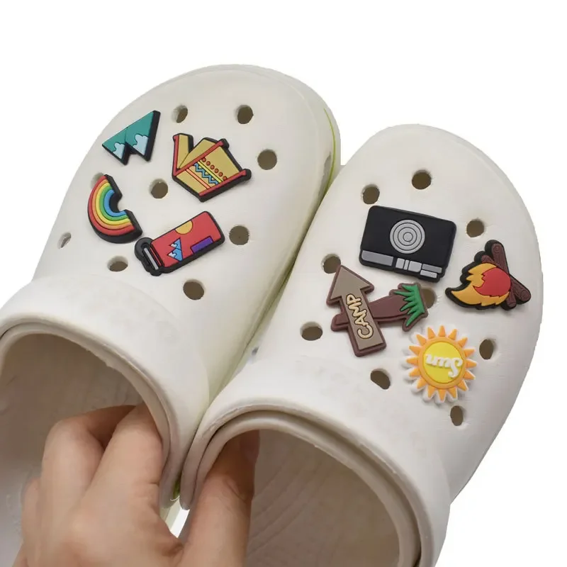 Camping Shoe Charms Accessories PVC Sun Temp Moutain Camera Rainbow Shoe Decoration for Wristband Clog Accessories Unisex DIY
